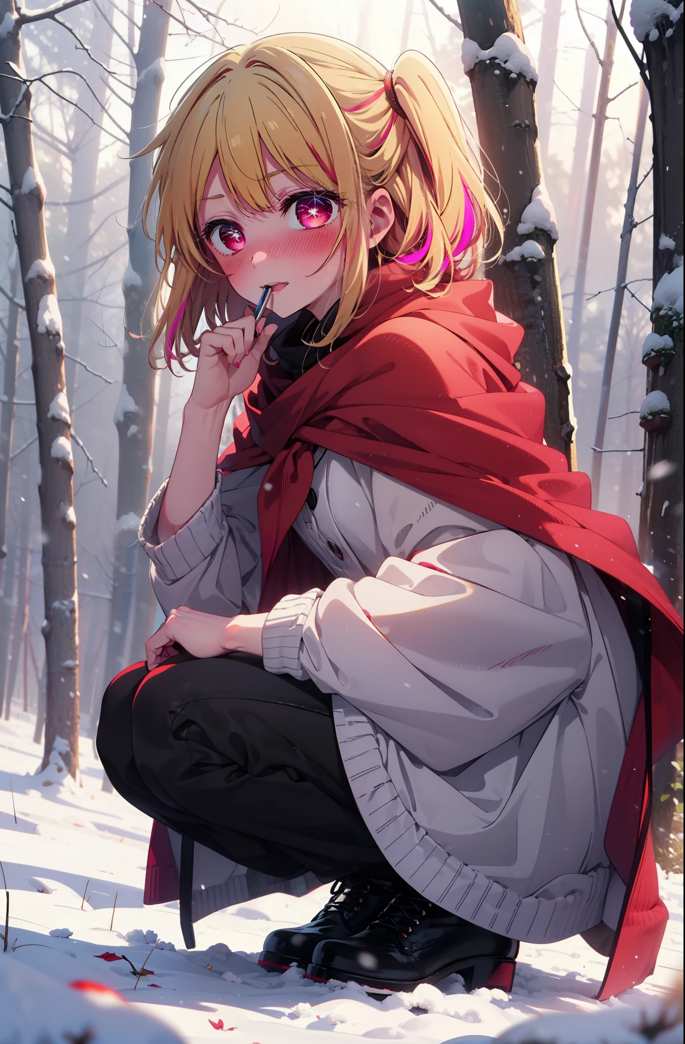 rubyhoshino, Hoshino Ruby, Long Hair, bangs, Blonde, (Pink Eyes:1.3), (Symbol-shaped pupil:1.5), Multicolored Hair, Two-tone hair, smile,blush,White Breath,
Open your mouth,snow,Ground bonfire, Outdoor, boots, snowing, From the side, wood, suitcase, Cape, Blurred, , forest, White handbag, nature, Squat, Mouth closed, Cape, winter, Written boundary depth, Black shoes, red Cape break looking at viewer, Upper Body, whole body, break Outdoor, forest, nature, break (masterpiece:1.2), Highest quality, High resolution, unity 8k wallpaper, (shape:0.8), (Beautiful and beautiful eyes:1.6), Highly detailed face, Perfect lighting, Highly detailed CG, (Perfect hands, Perfect Anatomy),