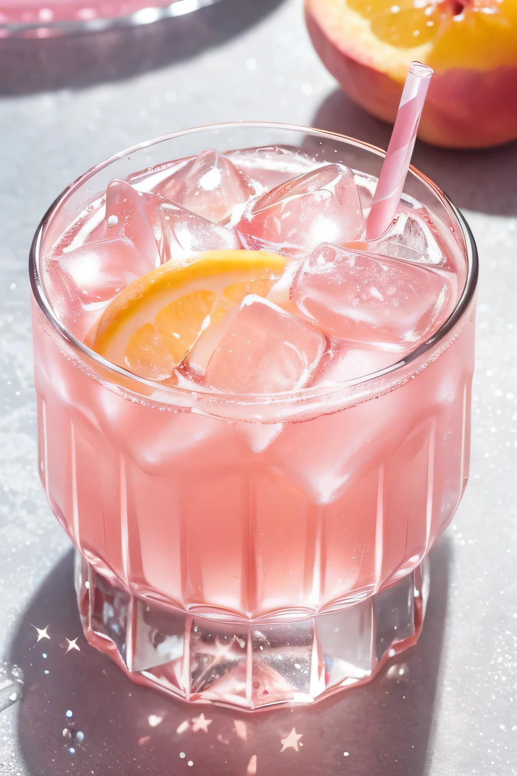 Pink Drink，Ice cubes，Special Drinks，Water in glass，White peach sparkling transparent drink，Photography，close up，Ice cubes