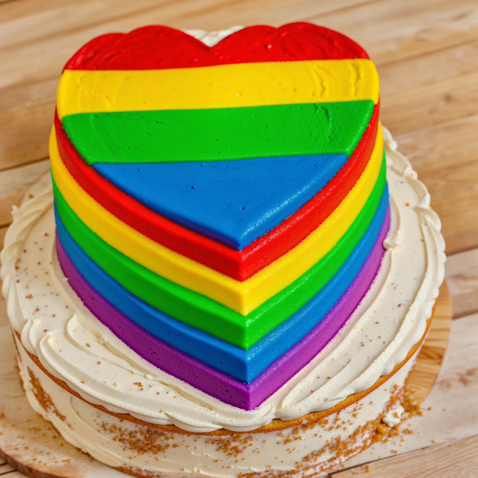 on a wooden table, worth a heart shaped cake, rainbow cream cake, Cream cake , cream texture, Realistic style, realistic texture, bright lighting, high quality, detailed texture, Beautiful light from the window, beautiful lighting, high detail, macro photography, ultra 4k hd
