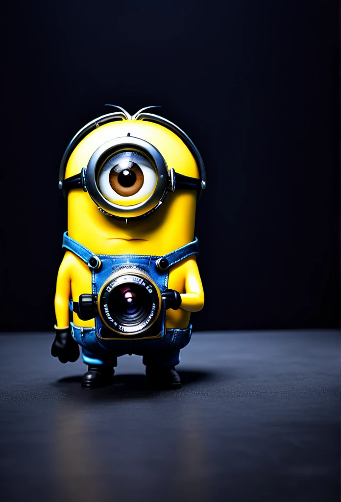 a minion hilding a photo camera, solid black background