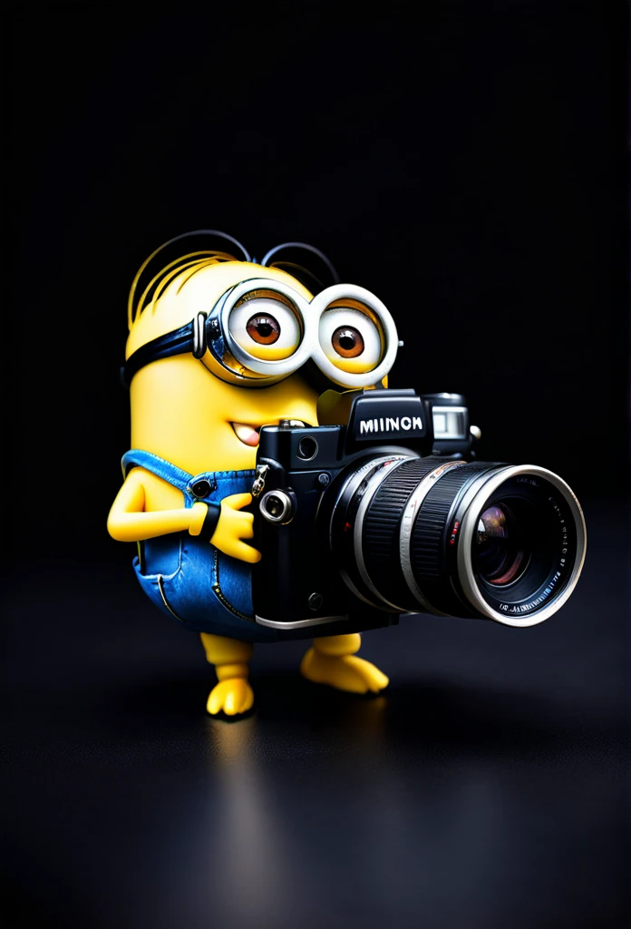 a minion hilding a photo camera, solid black background