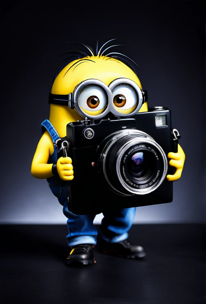 a minion hilding a photo camera, solid black background