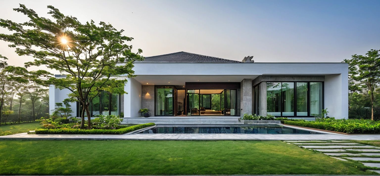 qlcd,tingyuan, photo of modern villa, grassland, garden, shrubs and trees, rock decoration, clear sky, sun light, realistic photo