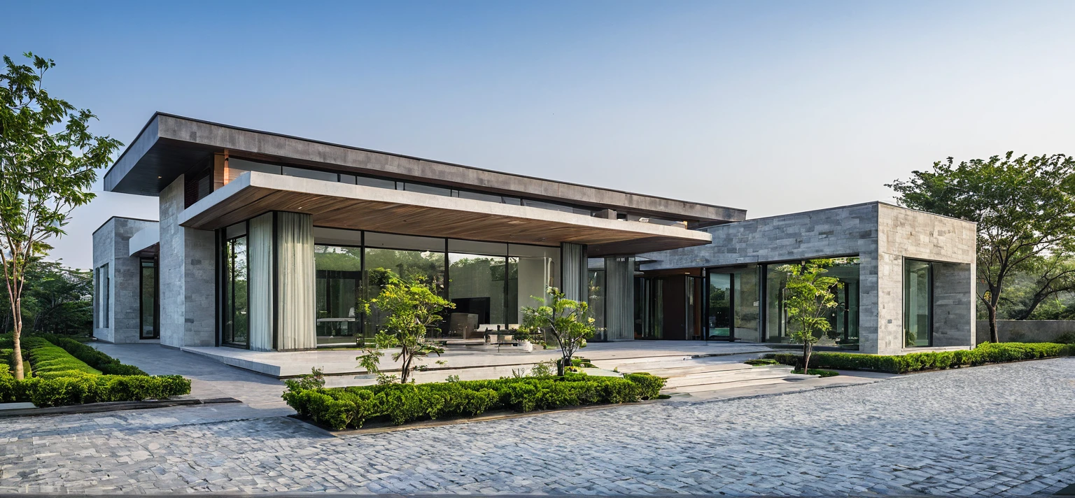 qlcd,tingyuan, photo of modern villa, grassland, garden, shrubs and trees, rock decoration, clear sky, sun light, realistic photo
