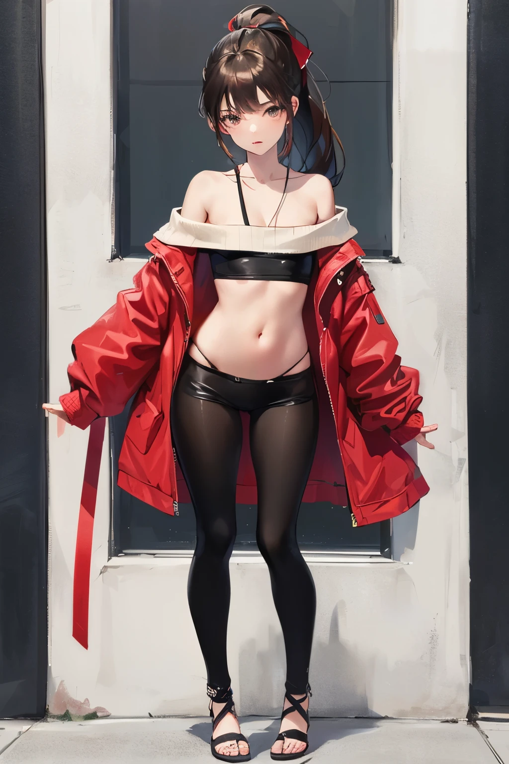 ((best quality)), ((masterpiece)), (detailed), 1girl, off-shoulder sweater, NSFW, small breasts, prominent collarbones, skinny arms, flat stomach, visible hip bones, ponytail, thick ponytail, heavy ponytail, red and white clothing, full body, whole body, body, NSFW, full body, whole body, head-to-toe NSFW