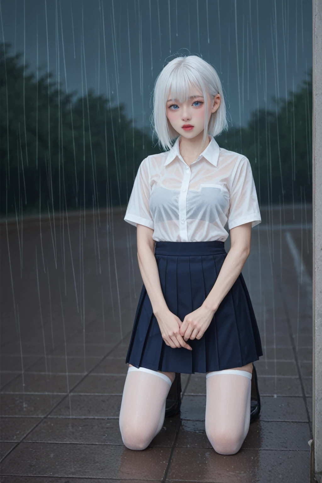 realistic,score_9, score_8_up, score_7_up, BREAK,
 1 girl, anime style, kneeling, hivering, feeling cold, shivering, transparent suspender stockings, leg straps, short skirt, (long white hair), blue eyes, rain-soaked top, rainy day, heartache expression