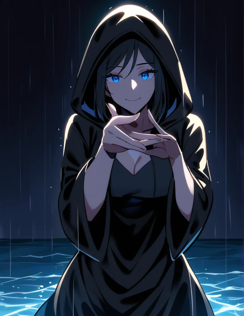 Mysterious Greek milf woman, wearing hoods in a long black tunic, short black hair, bright blue eyes,
with his face covered, showing only his mischievous smile, he extends his hand while making a proposal, on a rainy night with the ocean alone.
dark and dark background