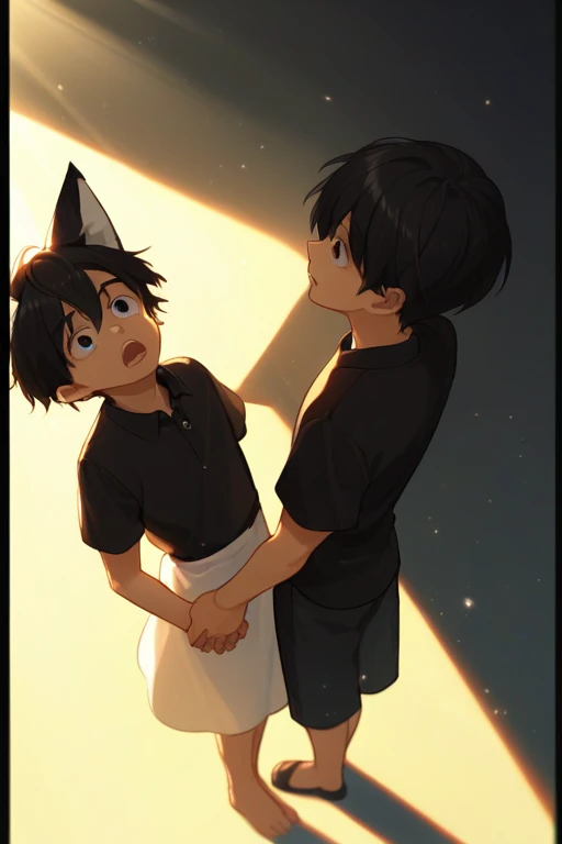 score_9, score_8, One boy, 丸face,Black Hair, short hair, Fox Ears,  Open your mouth, 笑face, Black polo shirt, Sundress, From above, Straight, face, Place your hands between your legs,  View your viewers, Particles of light, Sunbeam, sunlight, Perfect lighting,  Little