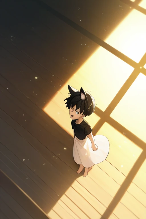 score_9, score_8, One boy, 丸face,Black Hair, short hair, Fox Ears,  Open your mouth, 笑face, Black polo shirt, Sundress, From above, Straight, face, Place your hands between your legs,  View your viewers, Particles of light, Sunbeam, sunlight, Perfect lighting,  Little