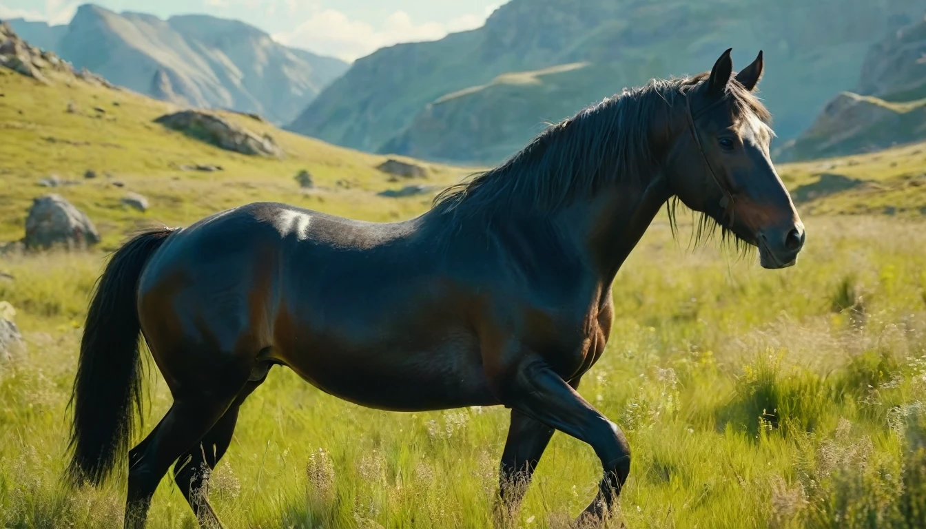 On the endless steppe,((Green steppe)),((There is a sleek, muscular, sturdy, black Percheron horse -Teke horse with glossy, textured fur stands and looking in front)), ((Standing in middle)), ((Its strong, graceful hooves sink slightly into the grass)),(Vision)),Realism,photography, ((The natural colors of native mountainous region blend with the horizon)), lot of details,8K,high quality, ((Realistic))