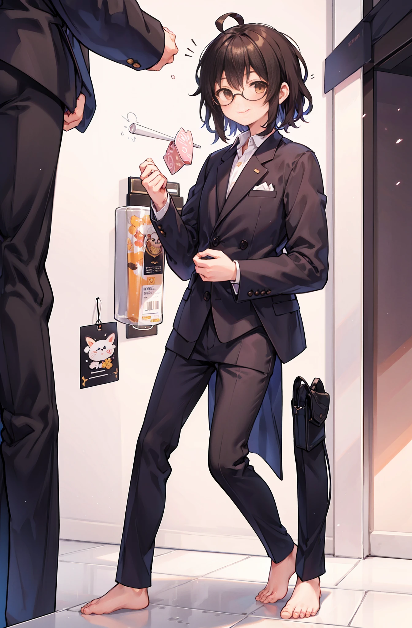 {best quality}, {{masterpiece}}, {highres}, solo, sharp focus, {{total body}}, full body, {{standing}}, {{toe}}, {{businessman}}, guy, 1guy, 25 years old, black hair, brown eyes, black glasses, business suits, simple background, kindness face, short hair, looking at viewer, simple background, {{smile}}, ahoge, curly hair, {{{tall body}}}, leggy body, illustration, anime style, tachi-e, {{{mature male}}}