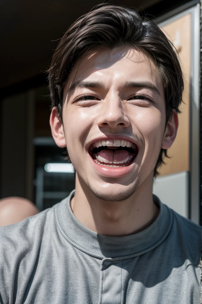 Create an image of a young man, modern but mocking, hyper realistic. very mocking and laughing a lot