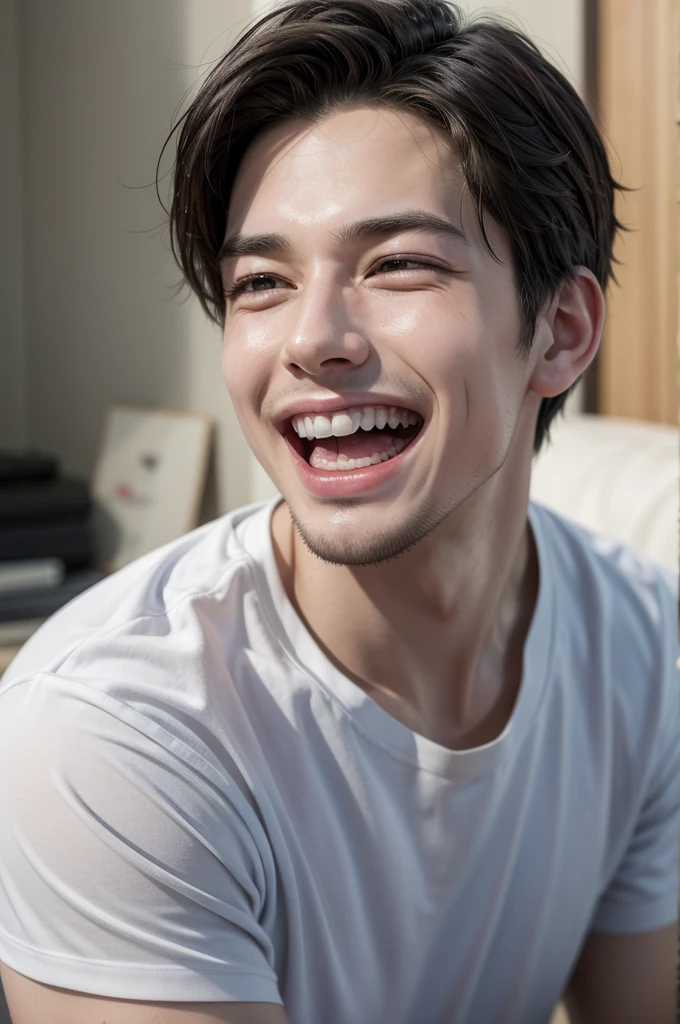 Create an image of a young man, modern but mocking, hyper realistic. very mocking and laughing a lot