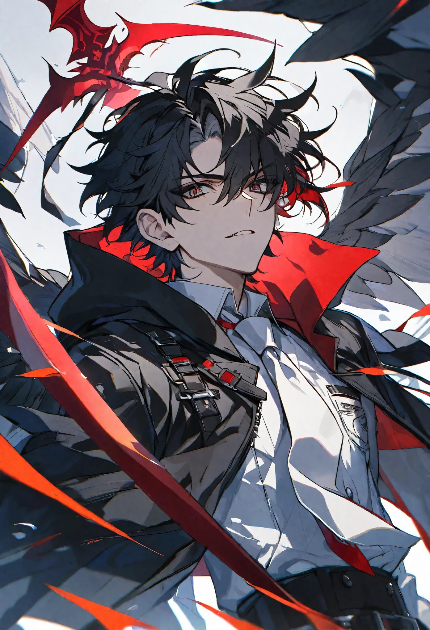 solo, handsome, 1 male, short hair, black hair and white color hair, pale eyes, white shirt, white tie, black hood, black wings, red halo, red scythe