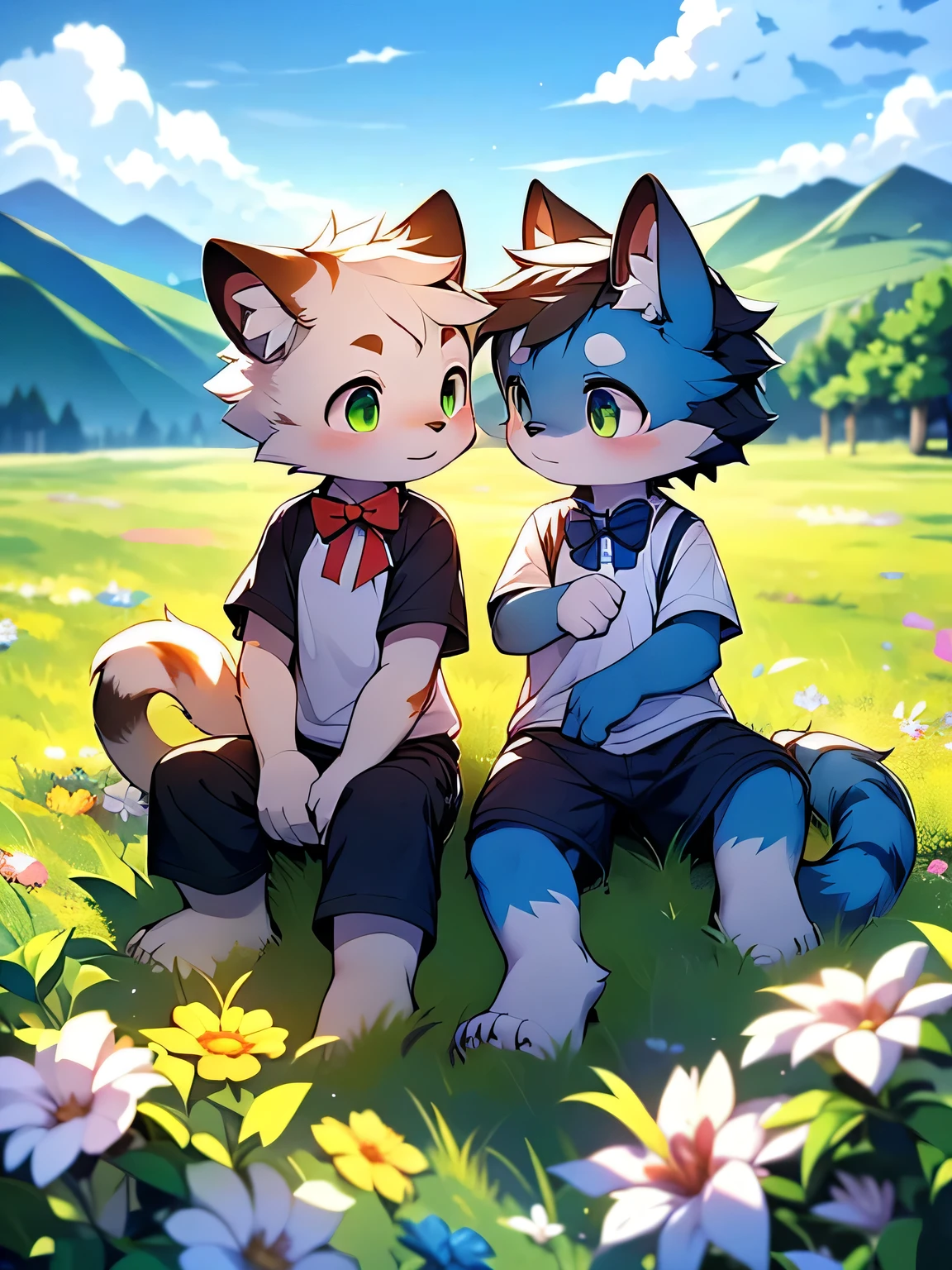 A tiger and a dog, ((Two )), Lovely: The tiger has a pair of big emerald green eyes, Wearing a blue short-sleeved shirt, Black shorts, (((And point to the sky))); This dog has big golden eyes, (Blue fur), Wearing a jumpsuit, Black shorts, And a red bow tie; They looked at each other, sitting in a field of flowers, On the hillside, Surrounded by mountains, noon, White Cloud, Gorgeous light and shadow, Detailed facial depiction, Correct hand depiction, accurate detail depiction, Ultrafine, 4K Ultra HD
