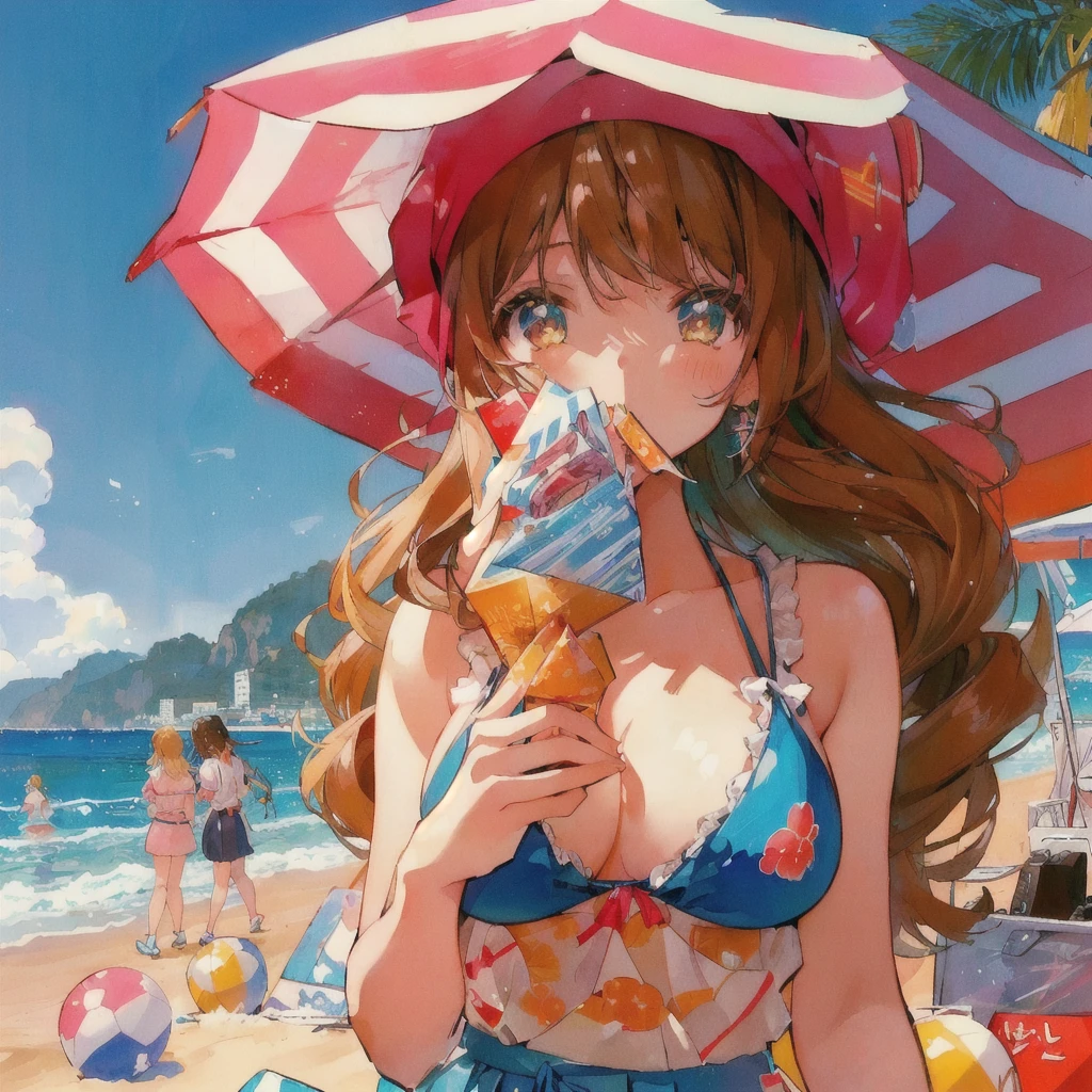At the Beachアイスクリームを食べるビキニ姿のアニメの女の子, Lo-fi Girl, Retro Anime Girls, 80s anime art style, Beautiful anime art style, At the Beach, Lofi Art, 80s anime art style, Anime illustration, 80s anime art style, High quality anime art style, Anime Style 4k, Anime Wallpaper