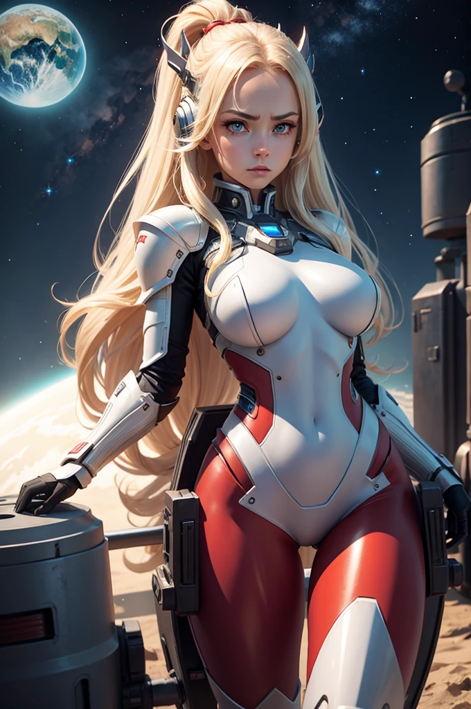 Perfect human body modeling, 1girl, pretty face, angry, drill hair, twin drills, shiny blonde Long hair, Beautiful blue eyes, huge breasts, Short body, white skin, ears in robot style, red powered armor, full armor, powered leg, Space suits, planetary exploration