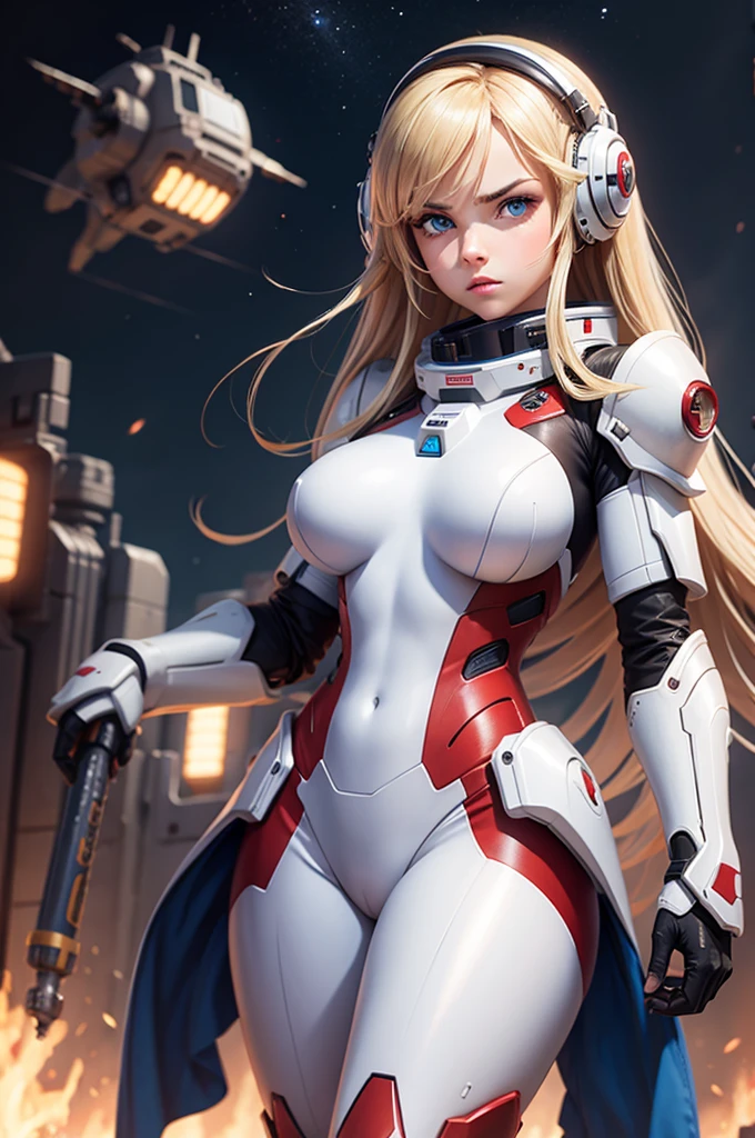 Perfect human body modeling, 1girl, pretty face, angry, drill hair, twin drills, shiny blonde Long hair, Beautiful blue eyes, huge breasts, Short body, white skin, ears in robot style, red powered armor, full armor, powered leg, Space suits, planetary exploration