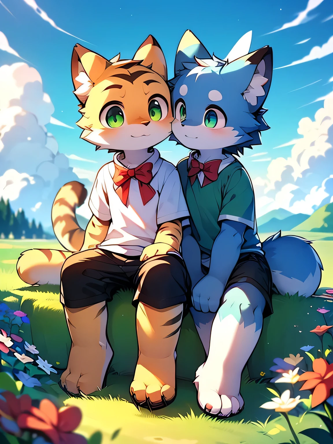A tiger and a dog, ((Two little boys)), Lovely: The tiger has a pair of big emerald green eyes, Wearing a blue short-sleeved shirt, Black shorts, (((And point to the sky))); This dog has big golden eyes, (Blue fur), Wearing a jumpsuit, Black shorts, And a red bow tie; They looked at each other, sitting in a field of flowers, On the hillside, Surrounded by mountains, noon, White Cloud, Gorgeous light and shadow, Detailed facial depiction, Correct hand depiction, accurate detail depiction, Ultrafine, 4K Ultra HD