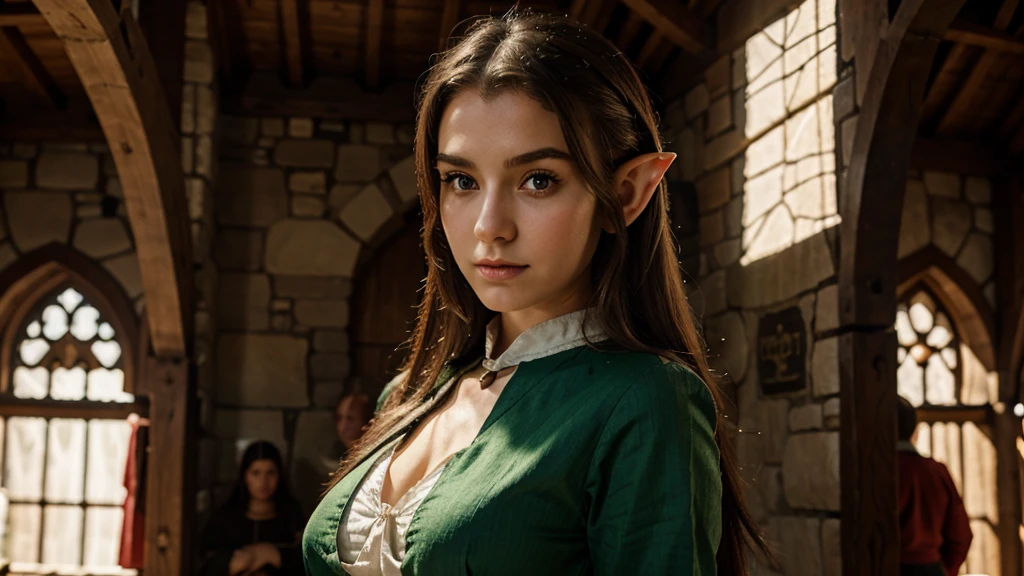 Elf girl, 21 yo, medieval clothes. Glances at me.