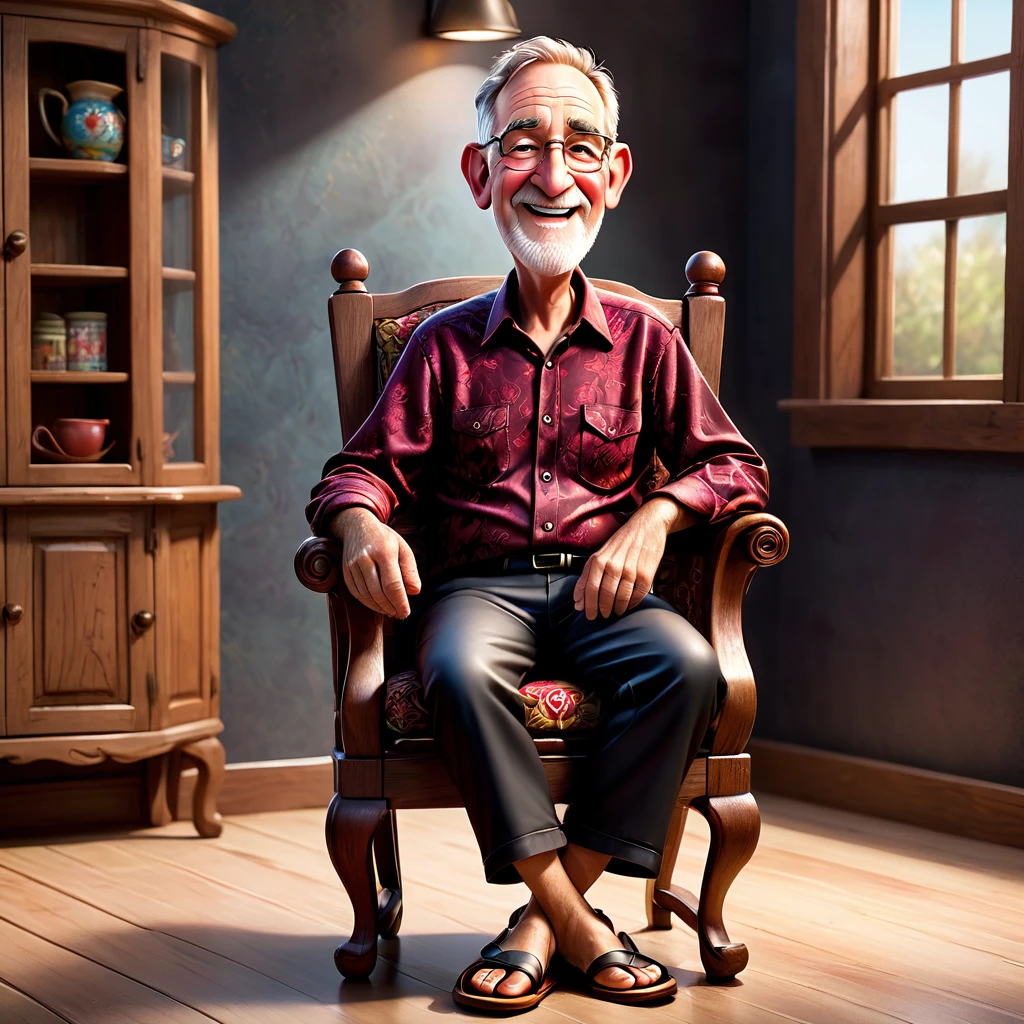 Crete Realistic 3D Caricature Disney pixar style full body with big head. 70 year old man, sitting relaxed in a classic wooden chair with dark red wing backs, the wood texture is clear. Wearing a traditional batik shirt, worn black cloth trousers. Wearing sandals. Sit with your legs crossed, your right hand holding a short wooden stick, your left hand placed on the edge of the chair. The background should contrast with the color of the chairs and clothes, thereby enhancing the overall composition of the picture. Use soft photographic lighting, dramatic overhead lighting, very high image quality, clear character details, UHD, 16k.