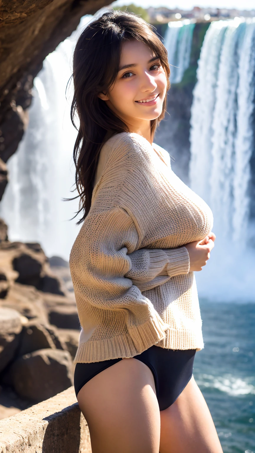 Extremely bright image、Niagara Falls、Grand Canyon、Las Vegas、Spectacular viewasterpiece,best quality,ultra detailed,highres,high-resolution,4K,realistic,RAW photo,((real person)),portrait photography,photorealistic,detailed skin,(delicate black eyes ), A soothing woman with sagging eyes,Calm and calm, middle hair,skinny,clothing,The wind is blowing,tareme、(huge breasts)、She wears a summer sweater against her bare skin, with her panties peeking out.、Beautiful Skin、Realistic Skin、Too much exposure、An innocent smile、Daytime、Beautiful legs、Shining a light on people