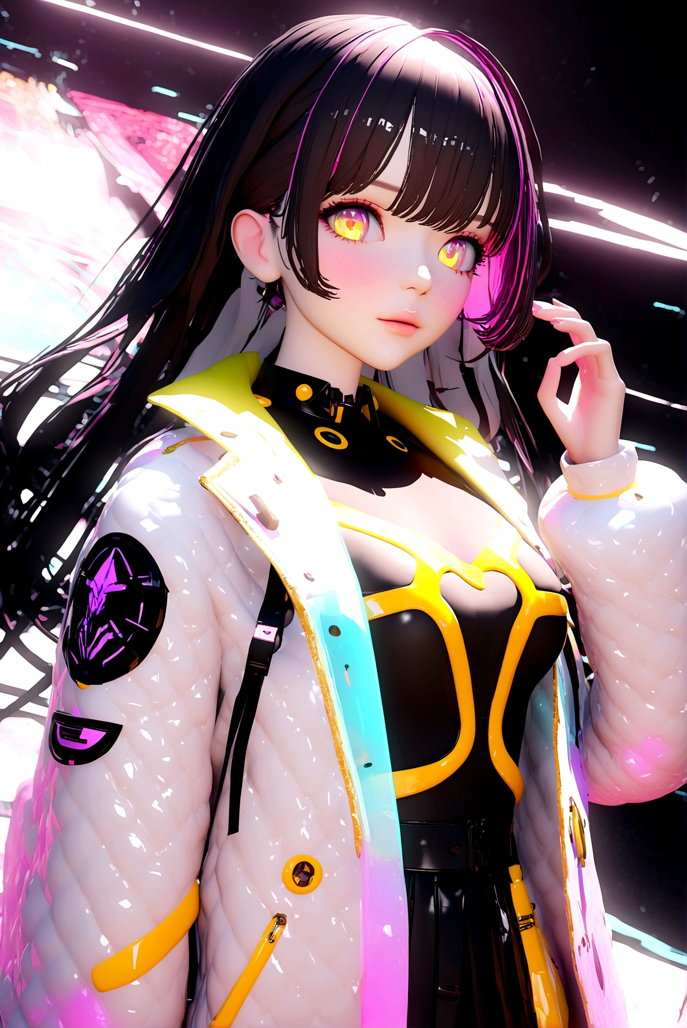 A cute female plush teddy bear with bright yellow fur wearing a black coat and a black skirt, blue and pink neon led bars on background, ultra-detailed, intricate details, super detailed, 8k, 3d style --auto --s2