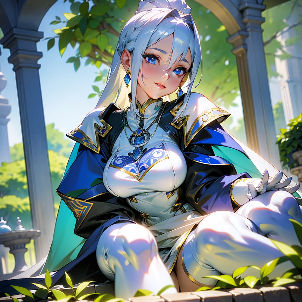 woman in a garden, Beautiful detailed eyes, beautiful detailed full lips, ( smiling slightly)extremely detailed eyes and face, long eyelashes, low-cut blue blouse with high neck and long sleeves, white skirt (covering half of the thighs), (clothing decorated with fine intricate details)white cape with hood over the shoulders (tied in front by a thin gold chain) ( Intricate details silver earrings and necklace)., pointy ears,( white gloves), white high heel thigh high boots, long platinum white hair tied in a ponytail, lock of long hair that frames the face, detailed blue eyes, sitting on the grass (lying in the shade of a leafy tree), in a beautiful garden full of white and purple flowers( a beautiful fountain from which water flows in the garden center) ( holding in his hands a grimoire book decorated with fine details made with silver) in the courtyard of a medieval castle with high white walls decorated with large arches and stained glass windows, Hyper-realistic full figure, perfect body dynamic pose( graceful hands nails painted bright silver) (Wide hips) (thick thighs), photorealistic, realistically shaded perfect body, (very big breasts), seductive anime girl, photorealistic render of anime girl, High quality detailed art in 8k,realistic 3d anime, voluptuous body, 3d anime girl, very detailed anime,