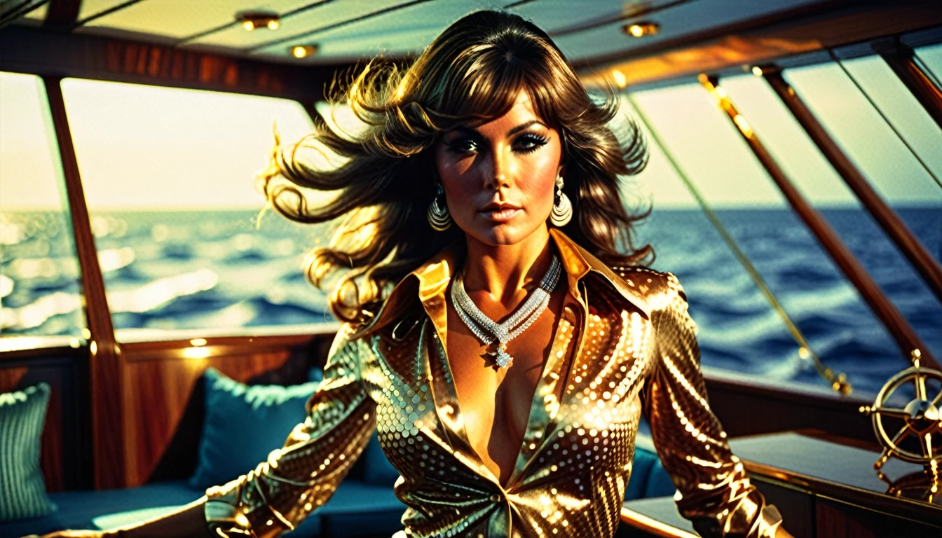 1970s photo of "GloRilla" in sexy 1970s attire, she is wearing diamond jewelry, she is on a yacht, cinematic action, cinematic lighting, backlighting, masterpiece, anatomically correct, textured skin, super detail, 8k atmospheric perspective, depth of field,