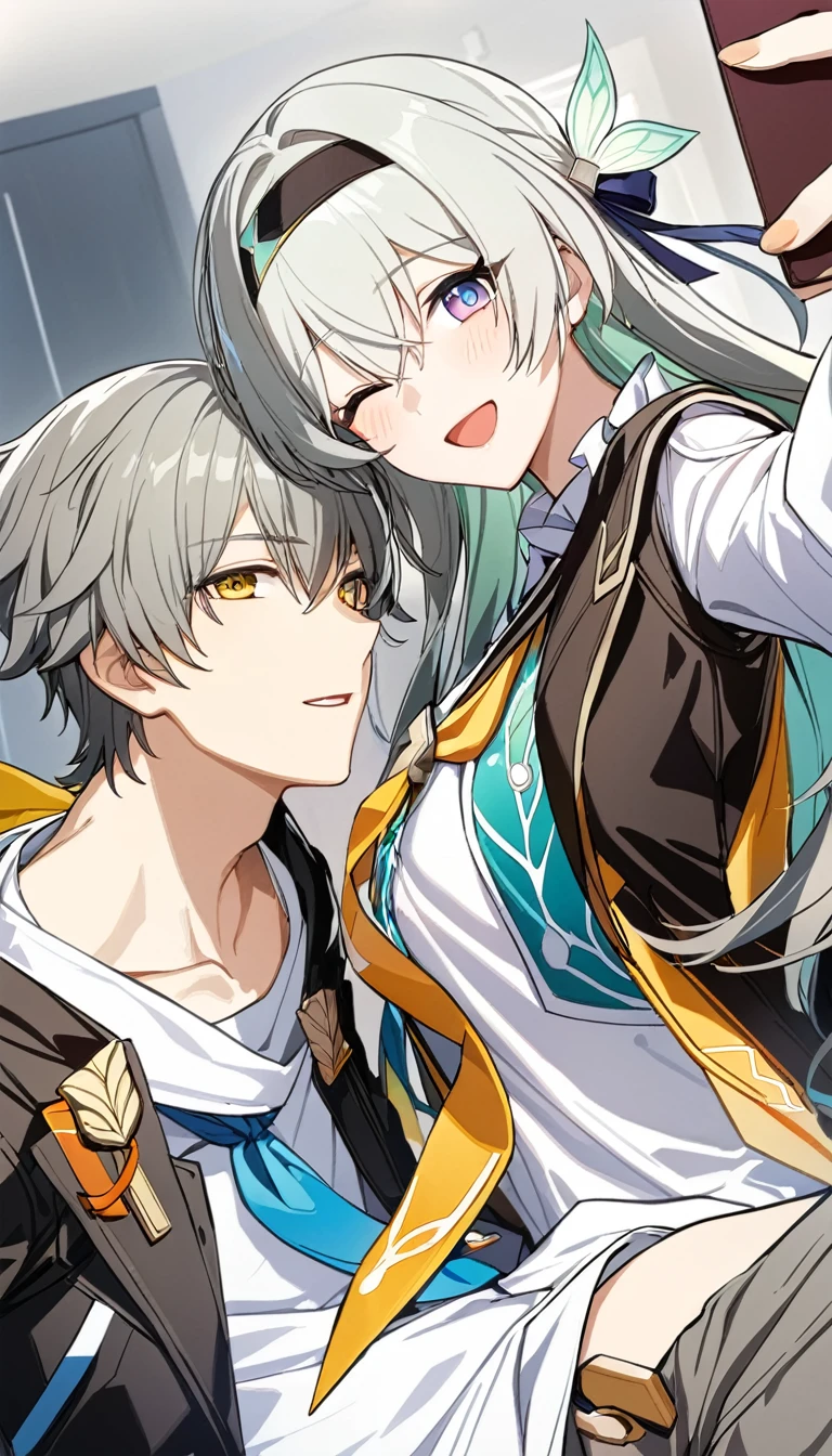 (masterpiece, top quality, best quality, official art, beautiful and aesthetic:1.2),(8k, best quality, masterpiece:1.2), (((masterpiece))),(((best quality))),(((extremely detailed))),illustration, who, (masterpiece, top quality, best quality, official art, beautiful and aesthetic:1.2),(8k, best quality, masterpiece:1.2), masterpiece, best quality, illustration, highres, ultra-detailed, caelus \(honkai: star rail\),commentary request,firefly \(honkai: star rail\),  1girl, 1boy, grey hair, jacket, one eye closed, long hair, hairband, black jacket, smile, blush, shirt, white shirt, orange neckerchief, black hairband, v, white background, simple background, yellow eyes, selfie, open mouth, purple eyes, heart, short hair, neckerchief, long sleeves, black gloves, gloves, hair between eyes, hetero, open jacket, open clothes, fingerless gloves, hood, looking at viewer, two-sided fabric