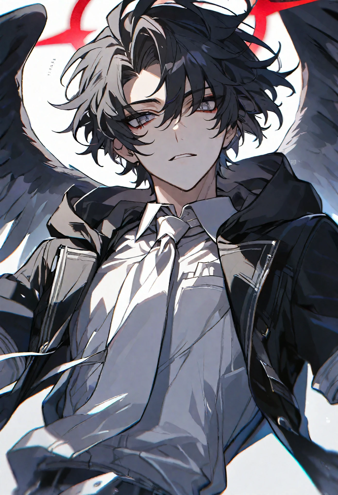 solo, handsome, 1 male, short hair, black hair and white color hair, pale eyes, white shirt, white tie, black hood, black wings, red halo