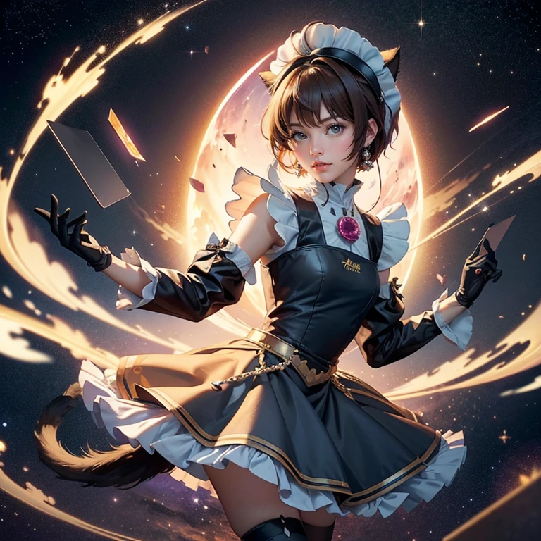 1girl, black maid dress, jewelry, brown hair, flowing hair, short hair, maid dress with a short skirt and layers, black laces, black boots, white dress with transparency, gold details on her clothes, cat ears, animal ears, more details, perfectly body, perfectly hands, two hands, two legs, two arms, five fingers, glowing hair, best quality, hat, cat ears, tail ornament, tail bow, black gloves, two cat tail, black gloves, alone, maid headdress, choker, detached sleeves, maid dress, maid black dress, strapless, masterpeice, best quality, detailed face, night, asymmetrical gloves, bangs, black short skirt , black gloves, black boots, earrings, elbow gloves, fishnet thighhighs, fishmasterpeice, solo, best quality, detailed face, gloves, hair between eyes, jewelry, looking at viewer, single earring, sky, sleeveless, solo, thigh boots, thighhighs, tongue, tongue out, uneven gloves, solo, alone, Looking at the viewer, More details on the clothes, magenta roses on her hair, space scenery, maid, maid dress, magenta details, magenta roses, maid headdress, maid apron, wave hair, seat on the Saturn rings, more details on her clothes, gold details on her clothes, space, smiling, standing her hand to a viewer, looking at the viewer, in the background a several asteroids glowing with fiery auras, Dramatic lighting from distant stars and planets illuminates the scene, looking at the vast and mysterious universe, cowboy shot, upper body portrait, more details, sparkle,