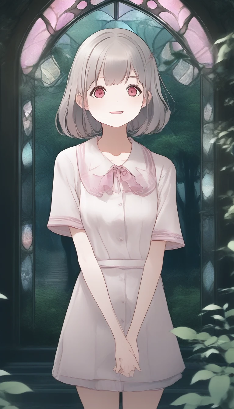 score_9, score_8_up, score_7_up, score_6_up, score_5_up, score_4_up, source_anime, beautiful and cute woman, innkeeper, playing with squirrels, long face, silvery bob cut, blunt bangs, droopy eyes, smirk, pink cheeks, in a dim forest, faint moonlight, inn entrance with stained glass, simple and simple, slightly scary picture book illustration style