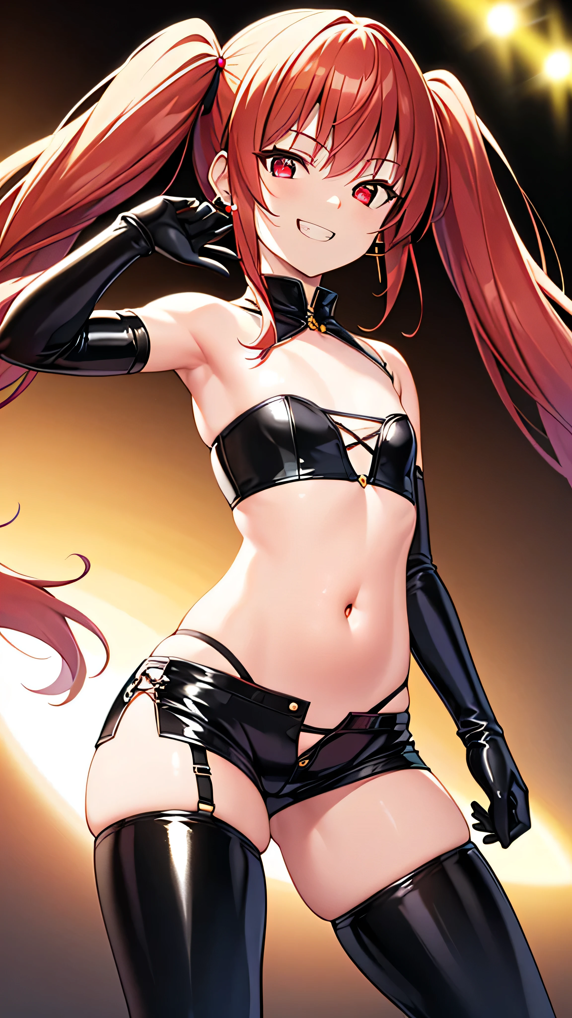 Extremely detailed and realistic CG, colorful, masterpiece, (Perfect Anatomy:1.3), Highest quality, One girl, alone, Imperial Redhead, Shiny Hair, Ridiculously long hair, Sideburns, Asymmetrical bangs, Red eyes, Shining Eyes, (Crazy Smile:1.2), (Wicked Smile:1.2), Sadistic smile, Grin, thin脚, Contrasting, Are standing, Tube top, Strapless, Shorts, Open your mouth, , abdomen, belly button, , Stylish pose, Spotlight, Thigh straps, Fancy earrings, (tooth:1.2), Black elbow gloves, Movie angle, , Open Stance, latex, tight, thin,flat chest,twintail,thighhigh boots,dark purple background,deep shaded face,look down at viewer