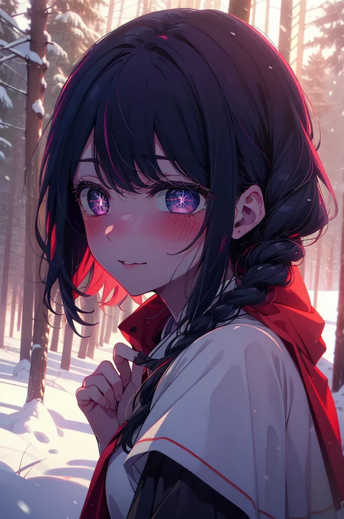 aihoshino, Ai Hoshino, Long Hair, bangs, (Purple eyes:1.1), Purple Hair, (Symbol-shaped pupil:1.5), smile,,smile,blush,White Breath,
Open your mouth,snow,Ground bonfire, Outdoor, boots, snowing, From the side, wood, suitcase, Cape, Blurred, , forest, White handbag, nature,  Squat, Mouth closed, Cape, winter, Written boundary depth, Black shoes, red Cape break looking at viewer, Upper Body, whole body, break Outdoor, forest, nature, break (masterpiece:1.2), Highest quality, High resolution, unity 8k wallpaper, (shape:0.8), (Beautiful and beautiful eyes:1.6), Highly detailed face, Perfect lighting, Extremely detailed CG, (Perfect hands, Perfect Anatomy),