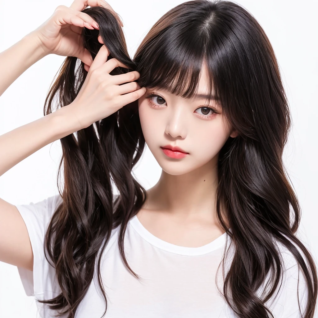 Korean model, woman, body hairstyle, long style, bob length, soft curl, integrated into face line bangs, black hair, Nikon Z7 II Mirrorless Camera, 120mm F/4 wide-angle lens, best quality, ultra detailed, flowing, clear face, full hairstyle, white background, face and neck, white t-shirt, center of the photo, face centered, salon style photo