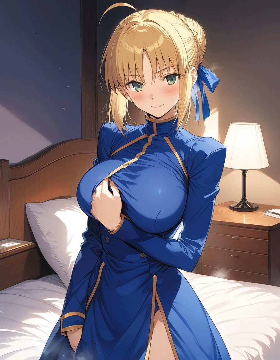 best quality, amazing quality, very aesthetic, 1girl, saber, fate/stay night, 1girl, saber, fate/stay night, , (artist official art:1.5), french braid bun hair, ahoge_hair, green eyes, steaming body, large breasts, jitome, cinematic light, official_blue_long_sleeve_royal_dress, stand_up_straight, arms_behind, on the bedroom, happy, smile, blush, night, looking_at_viewer, oily_skin, cool