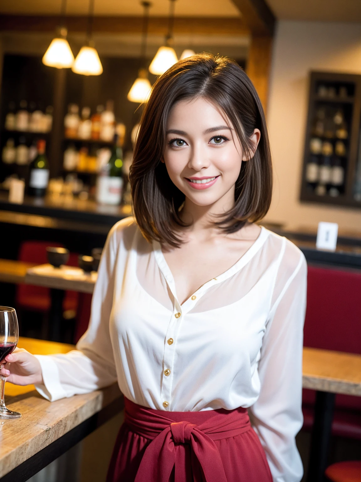 ((Highest quality、8K、masterpiece:1.3))、1 male、1 female、Couple、spouse、Couple、The body is slim、((Bob Hale、Straight hair:1.2)), (Realistic, Intricate details:1.2), テーブルの上のwine glass、Put the light on your face、 Amazing view of the sunset sky and clouds、Amazing mountain views、A bright smile、The wonderfulness of smile、Bright image、The beauty of wine, Beautiful Face, blue eyes, The light shines on your face, Blushing, short hair,Bright Face、 (Age 37), 39 years old, red wine 、Appetizers、Italian food、Wine bottle、Champagne、sparkling wine、Two beauties、Brown Hair、Shortcuts、Long sleeve shirt、dress、Beautiful woman 1, (slimな顔), (The body is slim), (Brown Hair), (Shortcuts), cheeks turn a little red,Attractive beauty、restaurant, In a prominent place (From the waist up) Nova Frog Style, actress, model, Upper Body, White wine, slim, wine glass, 中央に置かれたwine glass, smile, (smile: 1.15), Beautiful fine grain, Depth f/2,saturation, High Contrast, Strong light and shadow,Moist Body:1.5、3D texture、Delicate eyes、Brown Hair、The hair is very shiny、