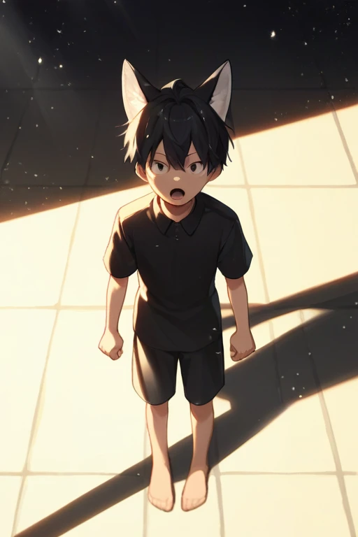 score_9, score_8, One boy, 丸face,Black Hair, short hair, Fox Ears,  Open your mouth, 笑face, Black polo shirt, Sundress, From above, Straight, face, Place your hands between your legs,  View your viewers, Particles of light, Sunbeam, sunlight, Perfect lighting,  Little