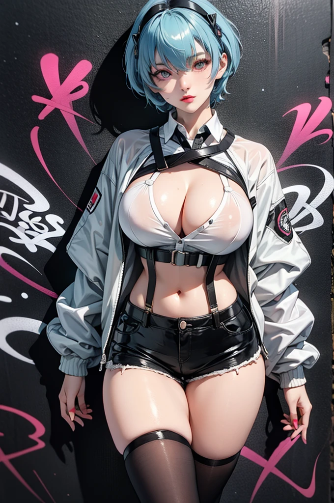 alone, Pale skin, Oily skin, Makes skin glow, pretty girl, wide thighs, Tight waist,   Big Breasts, Shorts,  Unbuttoned jacket, (Underbust),  Astral Graffiti, Graffiti wall, sneakers , Random Position、Detailed eyes、Rei Ayanami