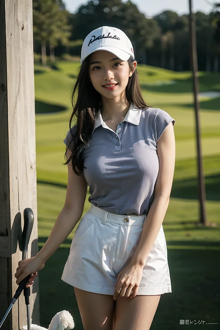 (masterpiece:1.3), High resolution, Very detailed, CG, 8K壁紙, photo-realistic, RAW Photos, (8K, Highest quality, masterpiece:1.2), (Realistic:1.4), Beautifully detailed face, Perfect and beautiful face, Beautiful and elaborate face, Accurate, Highly detailed face and skin texture, Detailed hair texture, Perfect body, (Fair skin:1.2), Beautiful eyes in every detail, Slim face and figure, Big eyes, (Glossy Lips, Natural color lip:1.4), ((Sexy sensual smile, Attractive sexy smile:1.4)), ((Beautiful woman, Random Cute Hairstyles:1.4)), ((Beautiful womanがゴルフ場でゴルフをしているシーン。She was wearing tight golf clothes.、The outfit accentuates her curves.。A fitted polo shirt on the upper body、Sleeves are short、There is a small logo on the chest。The bottoms are fitted mini skirts、Emphasizing ease of movement while emphasizing feminine curves。She holds a golf club、Taking a pose just before swinging。The lush fairway and blue sky spread out in the background.、A refreshing landscape unfolds。Her expression was focused.、You can feel that you are demonstrating your golf skills.:1.4)), ((Full Body Shot:1.4)), (Staring at the audience:1.3), ((sexy shot looking at camera, Bold sexy pose:1.3)), (Detailed Background:1.2), Perfect dynamic composition