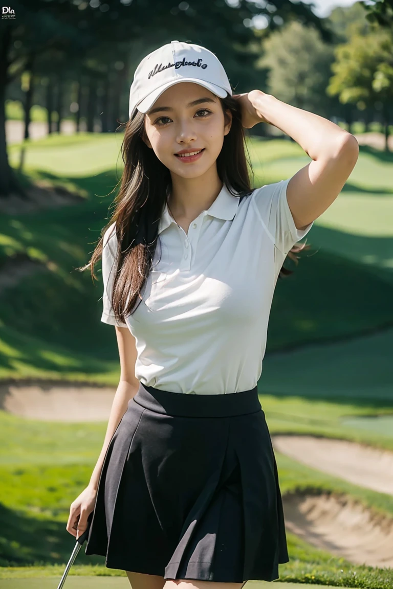 (The debtW: 1.5), Highest quality,Tabletop,Ultra-high resolution, Extraordinary beauty, cute, (Like the picture:1.4), Asian, ((standing)),Smiling mouth, View your viewers, Shining Eyes,Golf Wear, 18-year-old,Wear a hat,Have golf clubs,Cinematic, 35mm lens, debt/ 1. 8 ,Blurred surroundings, Accent lighting, 8K,,Natural soft light,night,E-10,Under the skirt,  Huge breasts: 1.4,Realistic,Shiny Hair,