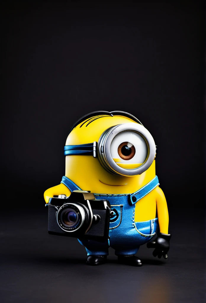 a minion hilding a photo camera, solid black background