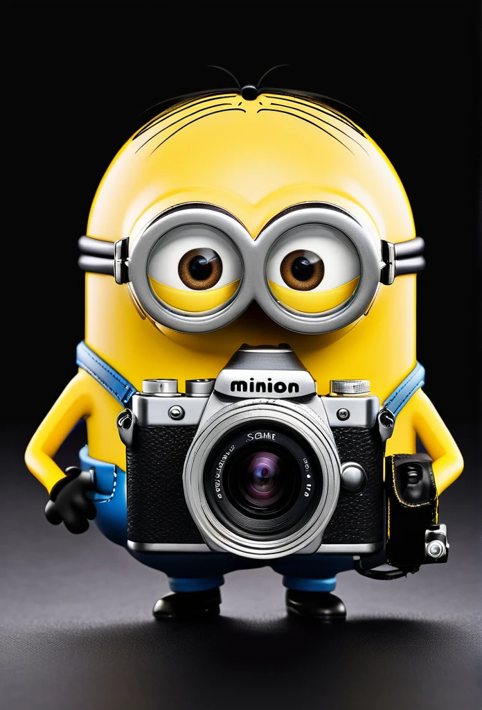a minion hilding a photo camera, solid black background