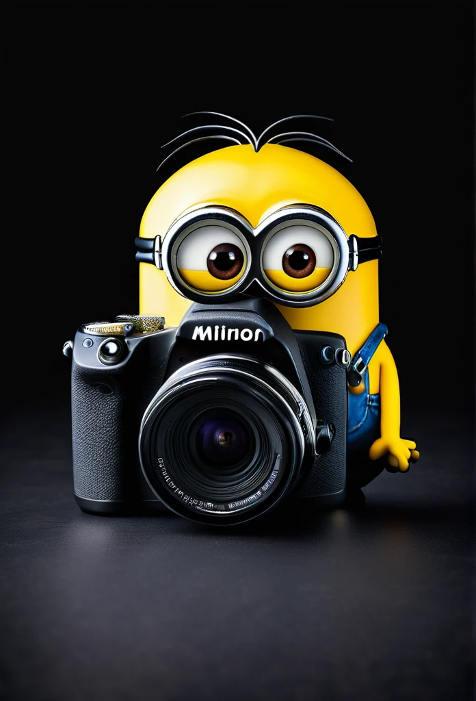 a minion hilding a photo camera, solid black background