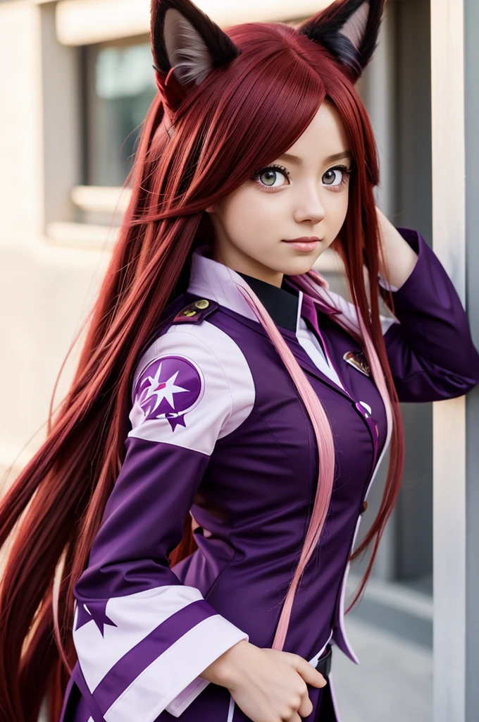 anime girl, long red hair, wolf ears and tail, purple and pink eyes, star pupils, UA uniforms, my hero academia