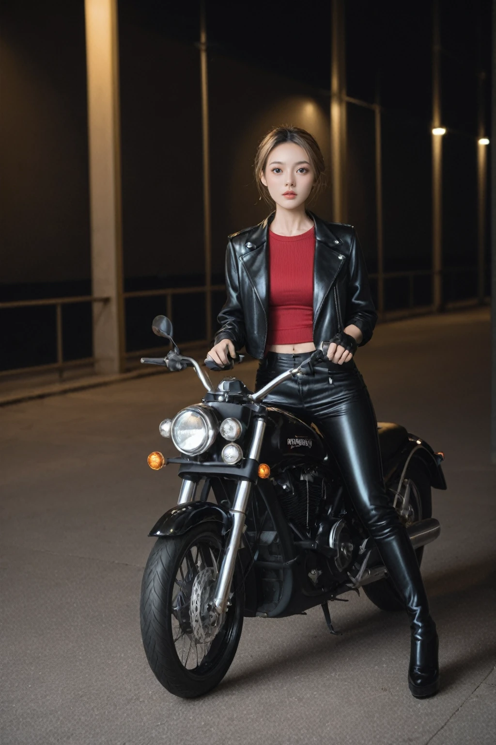 realistic,score_9, score_8_up, score_7_up, BREAK,
Full body shot, photo of the whole motorcycle, Cute young woman in Japan, Ride an old traditional shiny metallic silver motorcycle at the wharf, glamorous shape, shoulder length shiny smooth light brown hair, Wearing a leather black riding jacket, Glossy satin red bikini under riding jacket, Leather Black Riding Gloves, Leather Black Pants, Leather Black High Heel Long Boots, staring at night view over the sea, absolutely pretty face, Double eyelids, Natural makeup, long eyelashes, Glossy lips, 8K resolution, high details, detailed hairstyle, Detailed face, Black eyes, elegent, epicd, Cinematic lighting, Octane Rendering, Vibrant, Hyper realistic, Fair skin, Perfect limbs, Perfect Anatomy