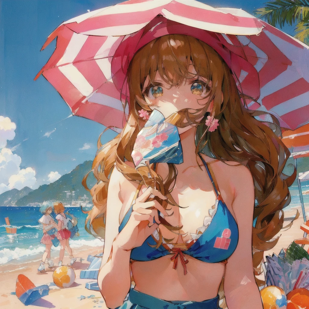 At the Beachソフトクリームを食べるビキニ姿のアニメの女の子, Lo-fi Girl, Retro Anime Girls, 80s anime art style, Beautiful anime art style, At the Beach, Lofi Art, 80s anime art style, Anime illustration, 80s anime art style, High quality anime art style, Anime Style 4k, Anime Wallpaper