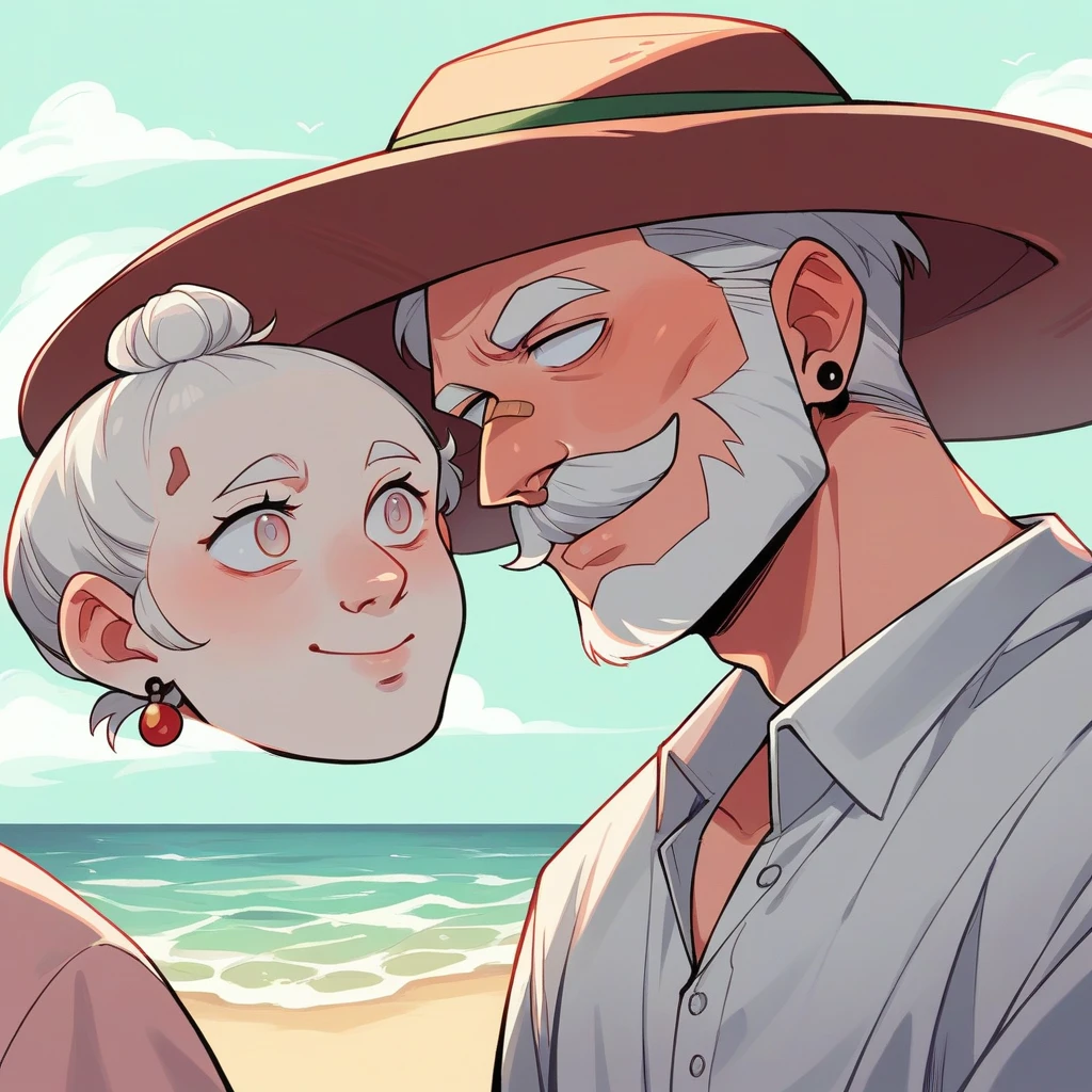 Photo of an albino man with a light beard and mustache, long wavy hair with a messy bun, wearing a black hearing aid and some black earrings, wearing a beach outfit on the beach under an umbrella and wearing a sun hat smiling, looks over 45, Italian nose and slightly slanted eyes.