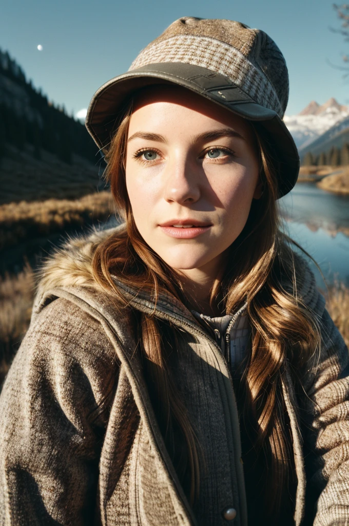 1 woman((upper body selfie, happy)), masterpiece, best quality, ultra-detailed,  solo, outdoors, (night), mountains, nature, (stars, moon)   cheerful, happy, backpack, sleeping bag, camping stove, water bottle, mountain boots, gloves, sweater, hat, flashlight, forest, rocks, river, wood, smoke, shadows, contrast, clear sky,
analog style (look at viewer:1.2)  (skin texture)
(film grain:1.3), (warm hue, warm tone)